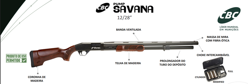 Espingarda CBC Savana 12 GA — Cano 28" · Oxidado Madeira CBC 