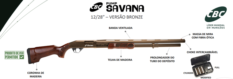 Espingarda CBC Savana 12 GA — Cano 28" · Madeira CBC 